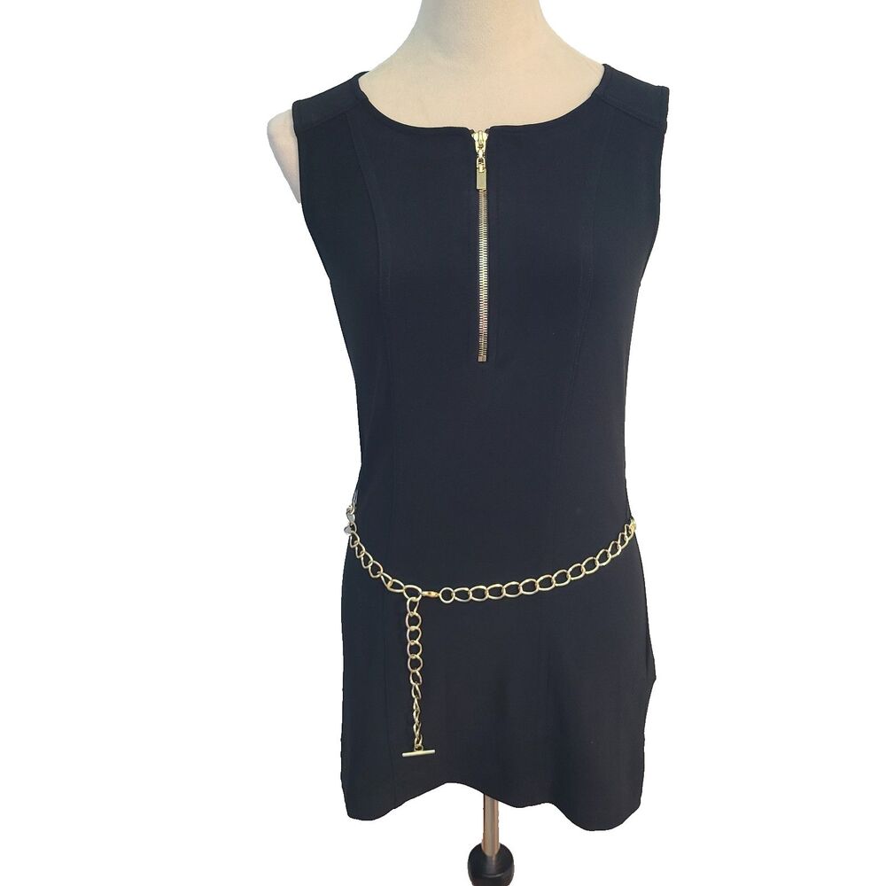 Joseph Ribkoff Black Sheath Dress Gold Zip Front Chain Belt Mini Sz 4 Mob Wife